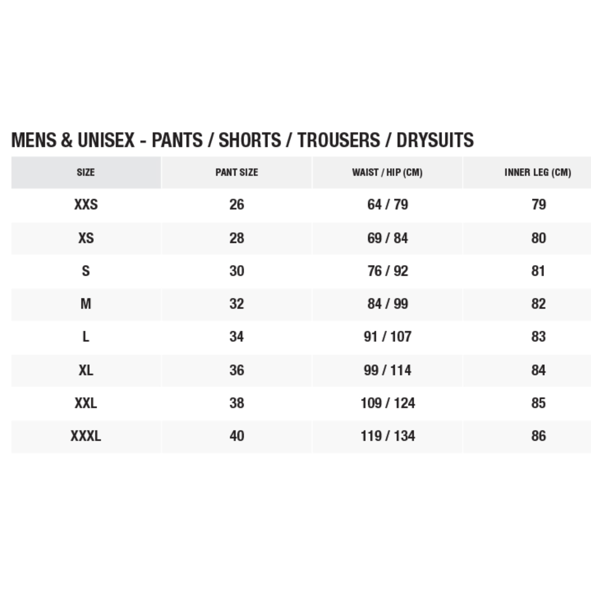 2024 Zhik Mens Offshore Salopettes 0 Size Chart